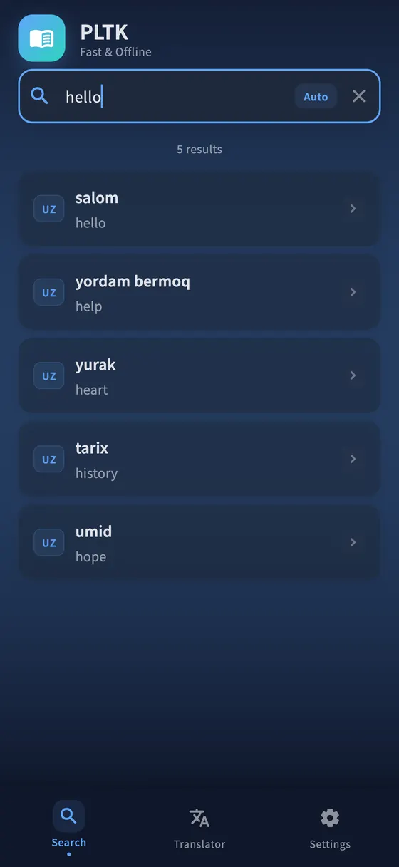 PLTK search results on iPhone, showing matching dictionary entries.