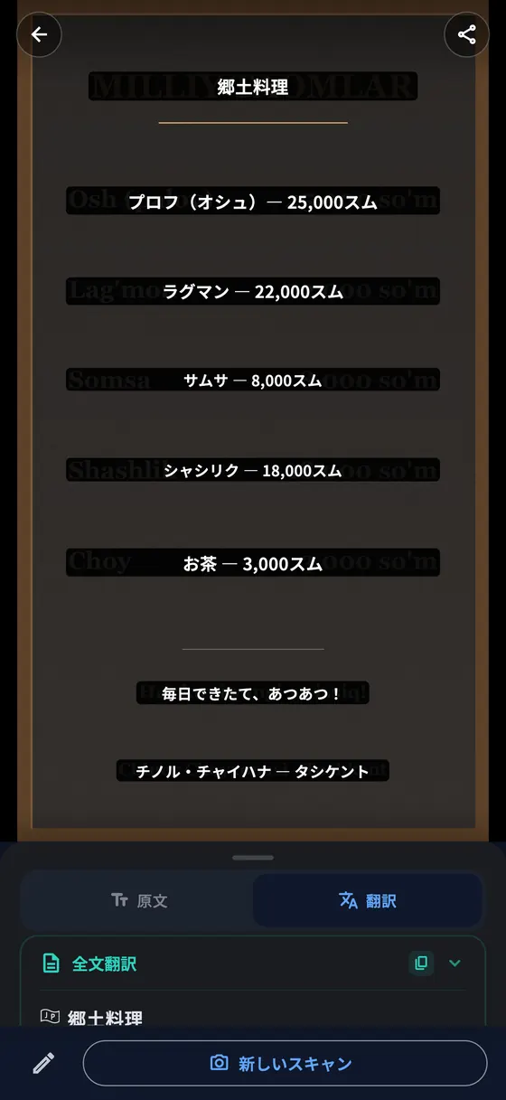 PLTKのカメラ翻訳。元の文字の上に訳文が重なる。