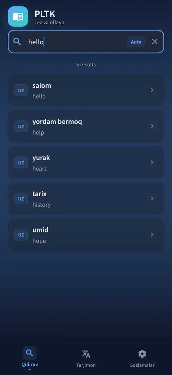iPhoneʼda PLTK qidiruv natijalari: mos lugʻat maqolalari.