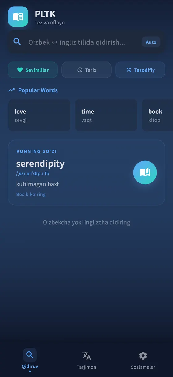 PLTK bosh ekrani iPhoneʼda: ikki tilli qidiruv maydoni, ommabop soʻzlar va kunning soʻzi.