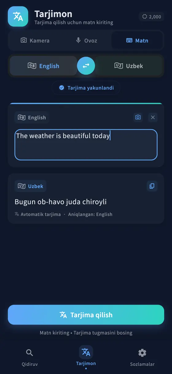iPhoneʼda PLTK matn tarjimasi: inglizcha gap va uning ostida oʻzbekcha tarjimasi.